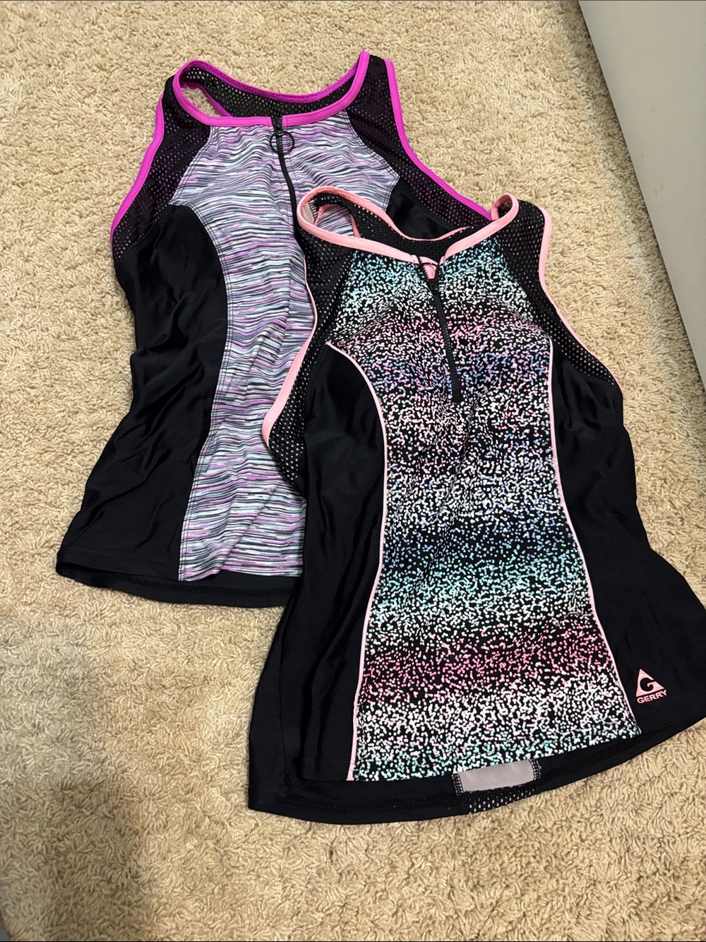 Gerry Black One-Piece Swim Tops with Pink Trim and Multicolor Panels
